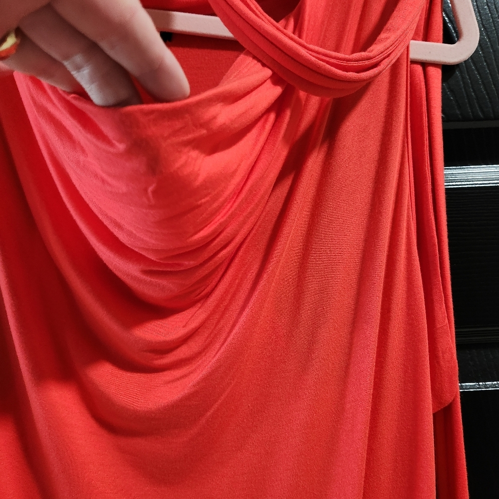 Venus Coral Red Cowl Neck Sleeveless Draped Cocktail Dress - Tie Waist - Picture 4 of 8